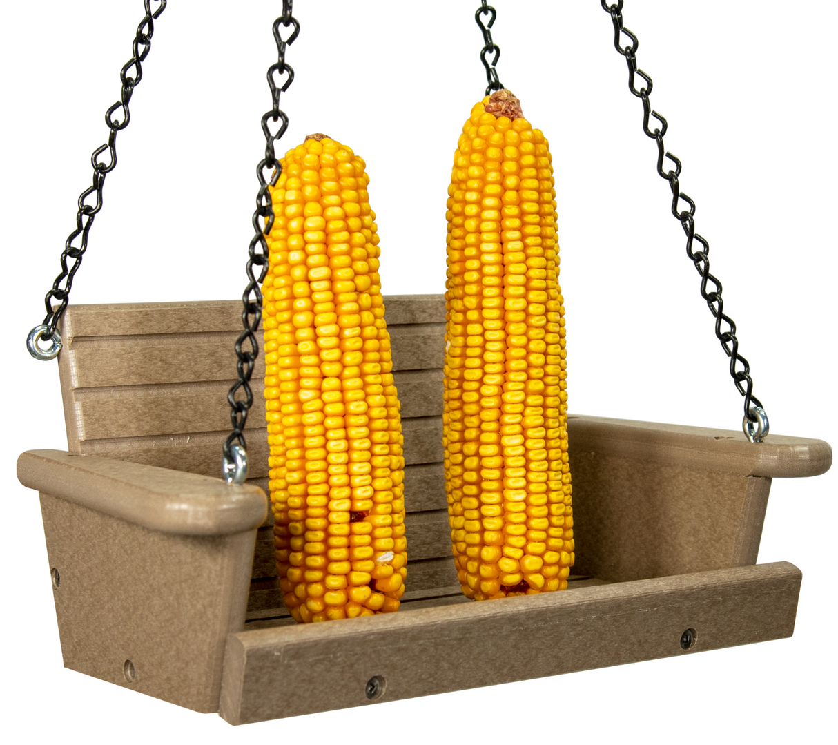 Plastic bird feeder photography showing two bright yellow ears of corn hanging from chains on a miniature taupe-colored swing bench with visible metal hardware and tiny screw holes