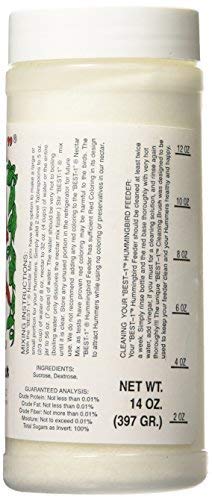 Product label for Best-1 Hummingbird Feeder nectar, showing a 14-ounce container of white powder with detailed mixing and cleaning instructions and measurements in ounces and grams.