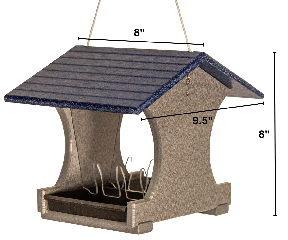 JCS Wildlife Small Hopper Bird Feeder with dimensions, made from recycled material for sustainable outdoor bird feeding.