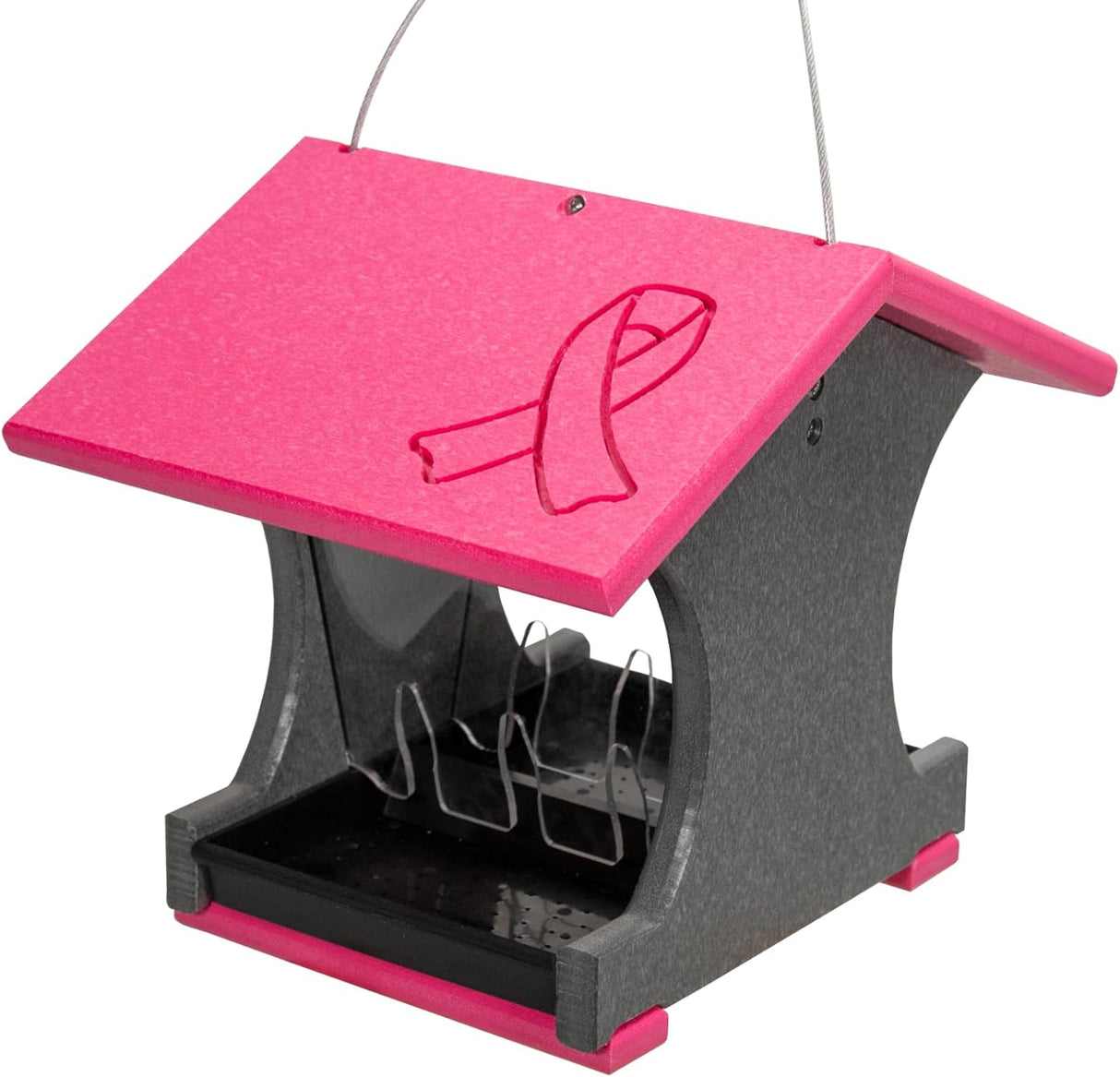 JCS Wildlife Small Hopper Bird Feeder in pink and gray, featuring a ribbon symbol, perfect for attracting birds to your garden.