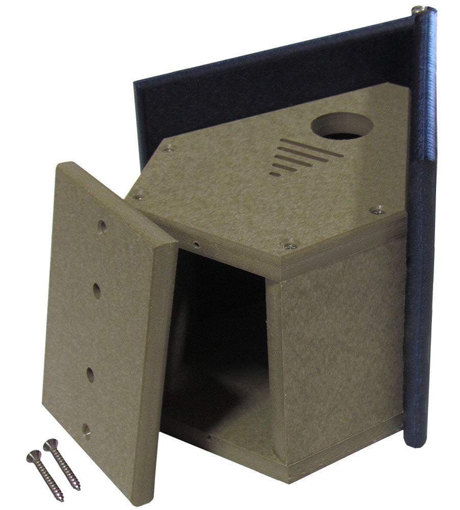 Recycled plastic birdhouse with removable access panel and dark blue roof showing mounting screws and ventilation slots
