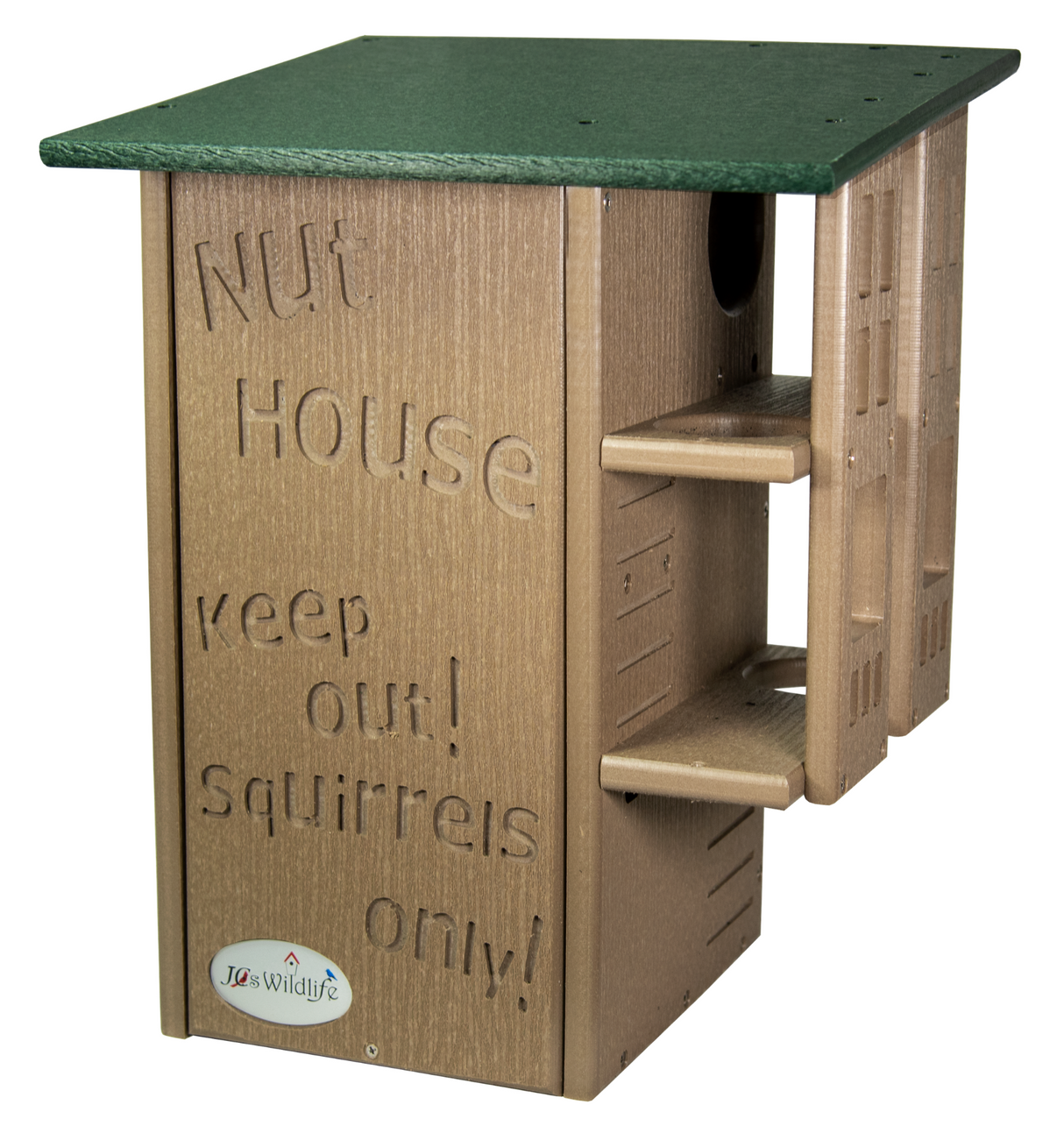 J&S Wildlife's plastic nut house with a green roof showing keep out squirrels only message and featuring multiple shelves and entry holes