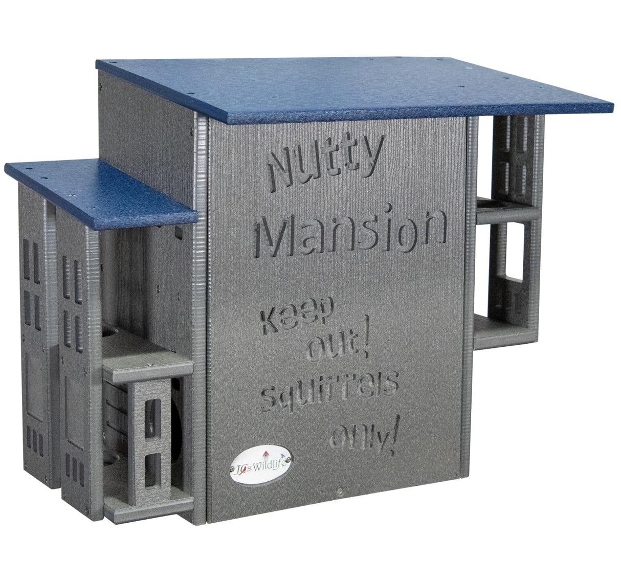 JCs Wildlife's plastic Nutty Mansion squirrel feeder features a gray body with blue accents and the engraved words Keep Out Squirrels Only