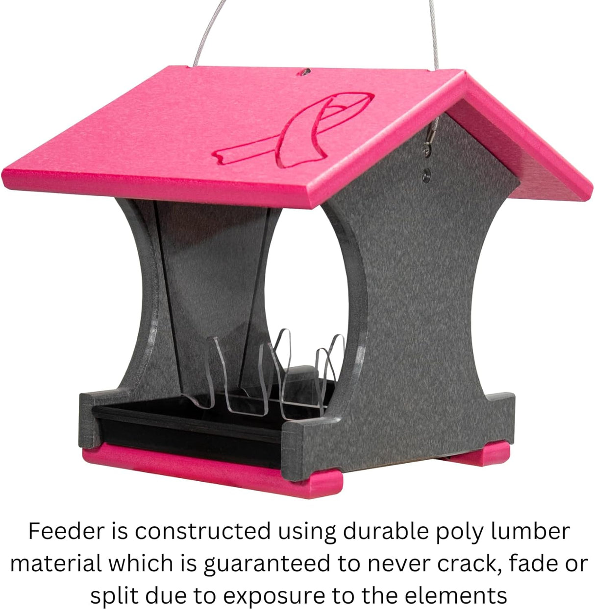 JCS Wildlife Small Hopper Bird Feeder made from durable poly lumber, featuring a pink and gray design perfect for gardens.