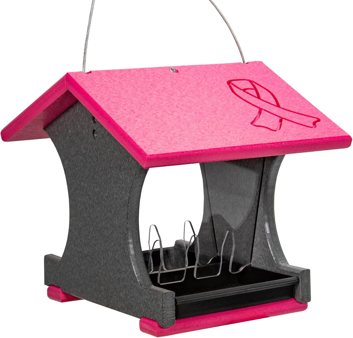 JCS Wildlife Small Hopper Bird Feeder with pink roof and breast cancer awareness ribbon design.