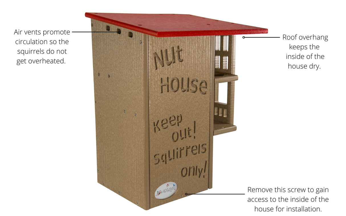 JCS Wildlife's tan and red squirrel house features a red roof, ventilation holes, and the words Nut House Keep Out Squirrels Only carved into the side.