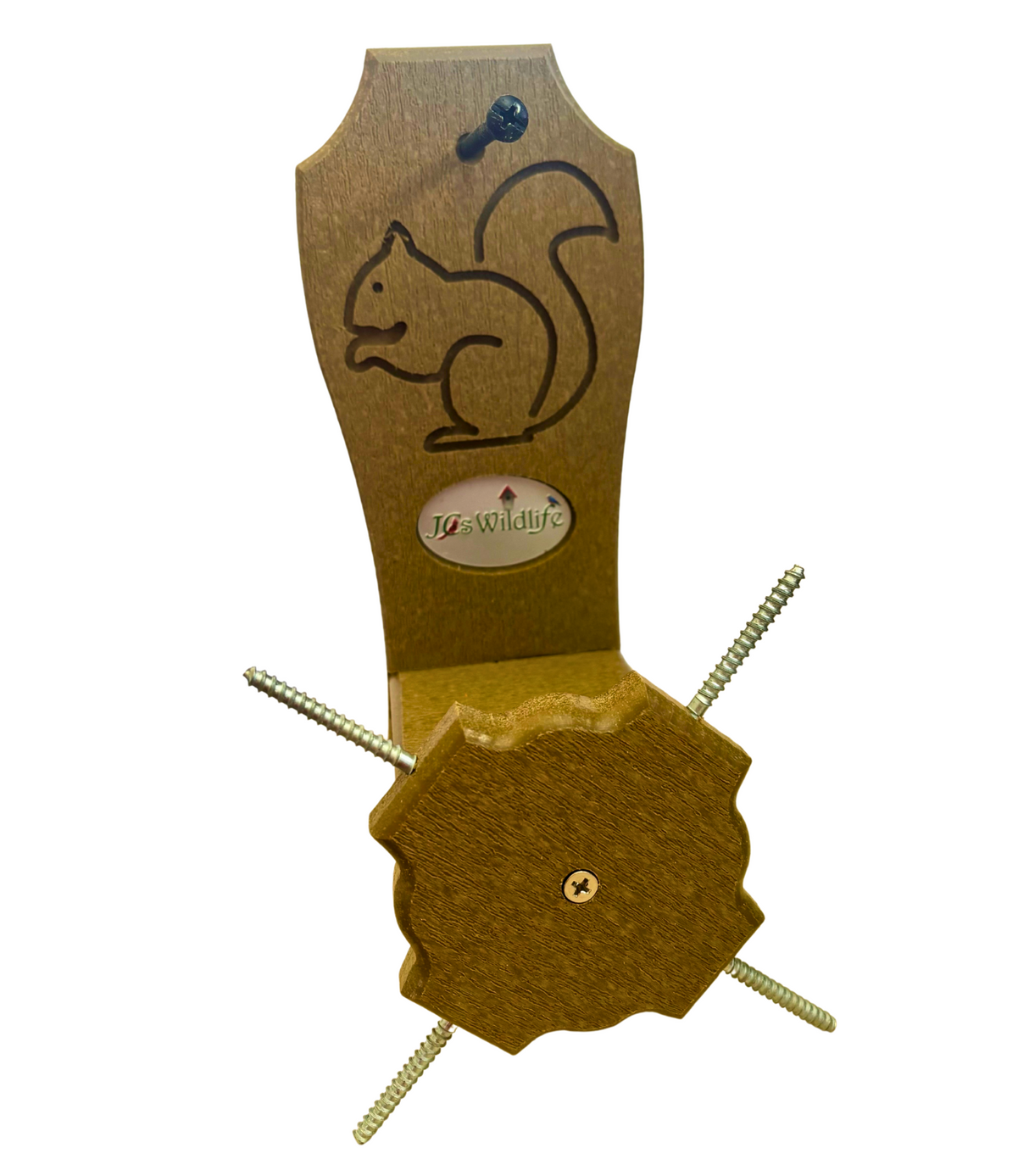 JGs Wildlife wooden squirrel-shaped feeder with four mounting screws, a carved squirrel detail, and a brown wood grain finish