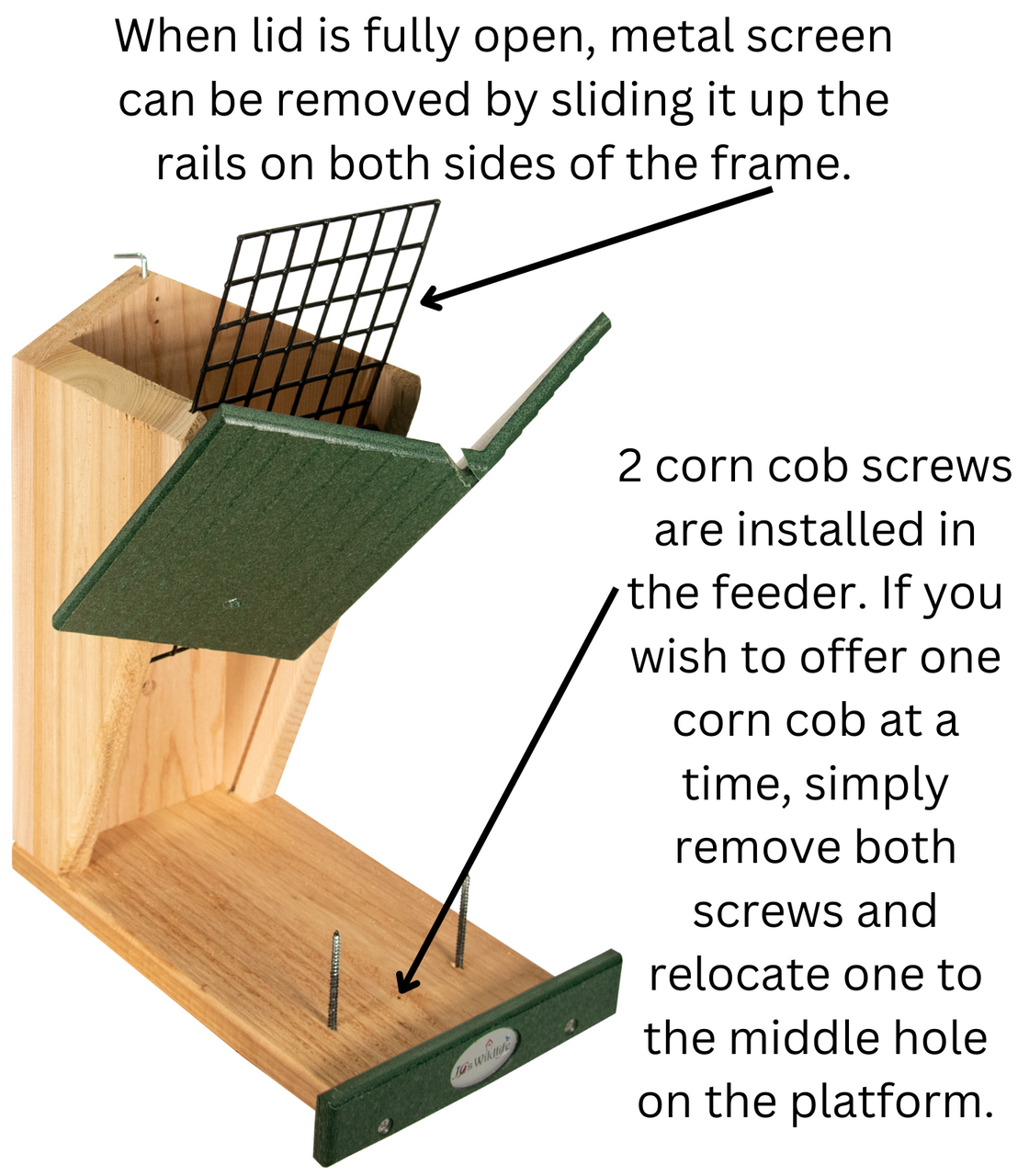 JCS Wildlife Double Snacker Squirrel Feeder open, showing removable metal screen and corn cob screws for easy filling.
