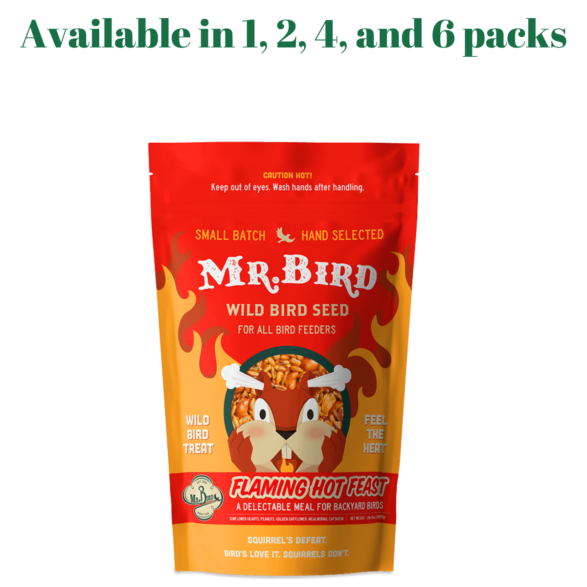 Mr. Bird Flaming Hot Feast Small Loose Seed Bag 2 lbs for wild birds, infused with hot pepper oil, available in multiple packs.