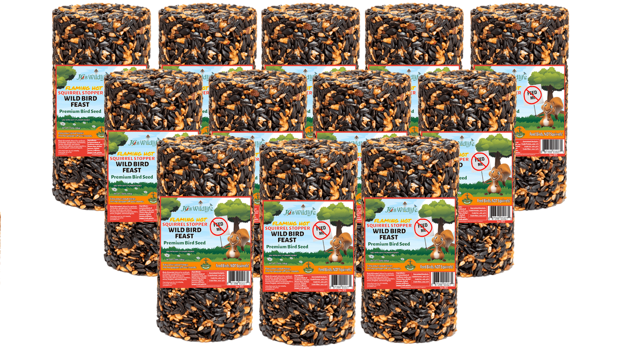 JCS Wildlife Squirrel Stopper Wild Bird Feast Small Cylinder 1.5lbs, premium bird feed with sunflower seeds and peanuts.