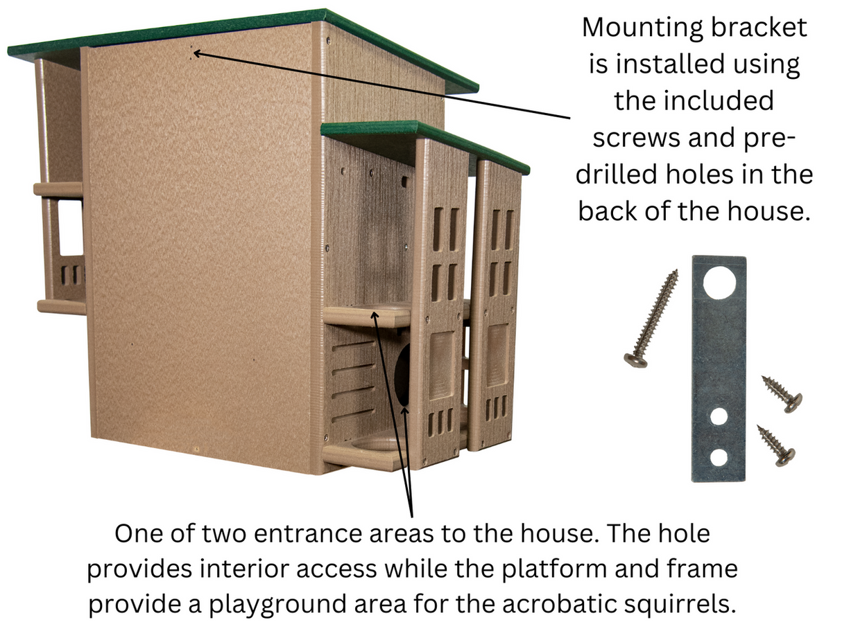 Product image showing a tan and green multi-level squirrel house with two entrances, multiple platforms, and a mounting bracket featuring pre-drilled holes and included screws