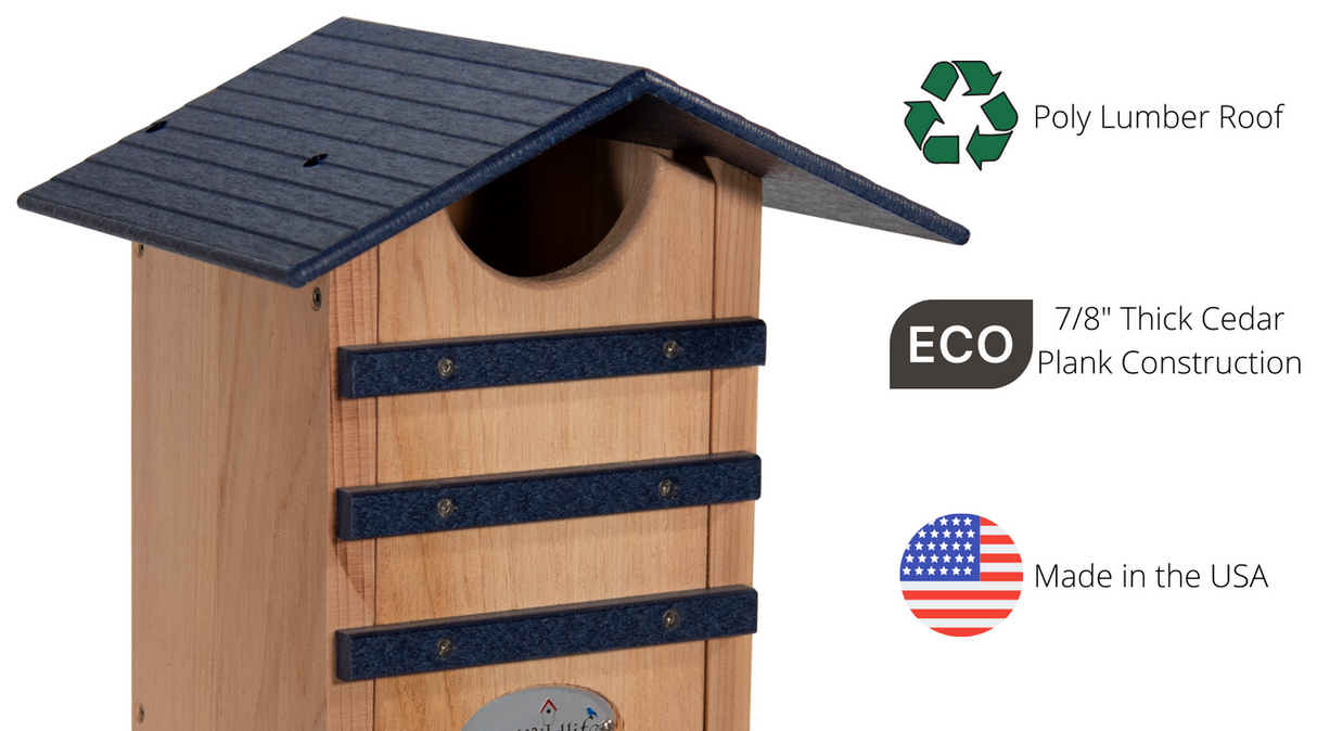 JCS Wildlife Cedar Screech Owl Nest Box with Poly Lumber Roof and eco-friendly cedar construction, made in the USA.