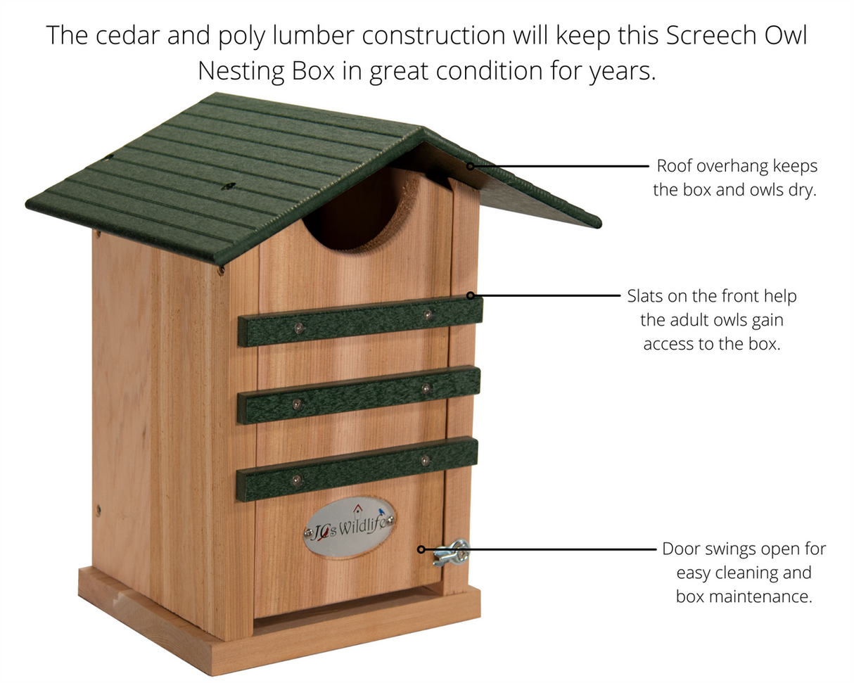 JCS Wildlife Cedar Screech Owl Nest Box with Poly Lumber Roof designed for easy maintenance and owl habitat.