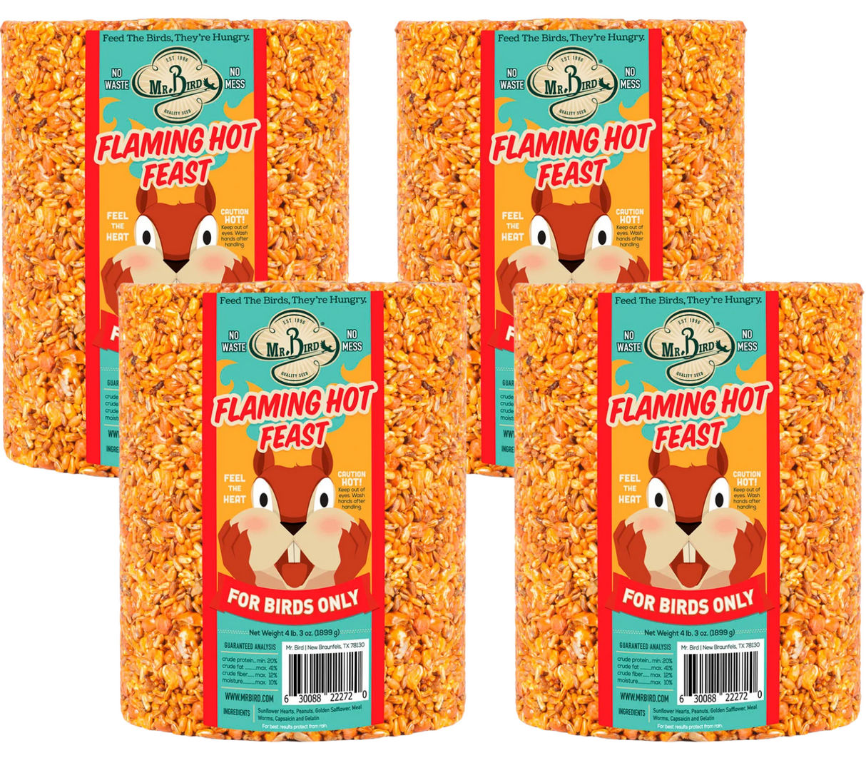 Mr. Bird's product photography shows four Flaming Hot Feast birdseed cakes featuring a cartoon squirrel, vibrant orange seeds, and prominent text detailing the product's heat and bird-only use