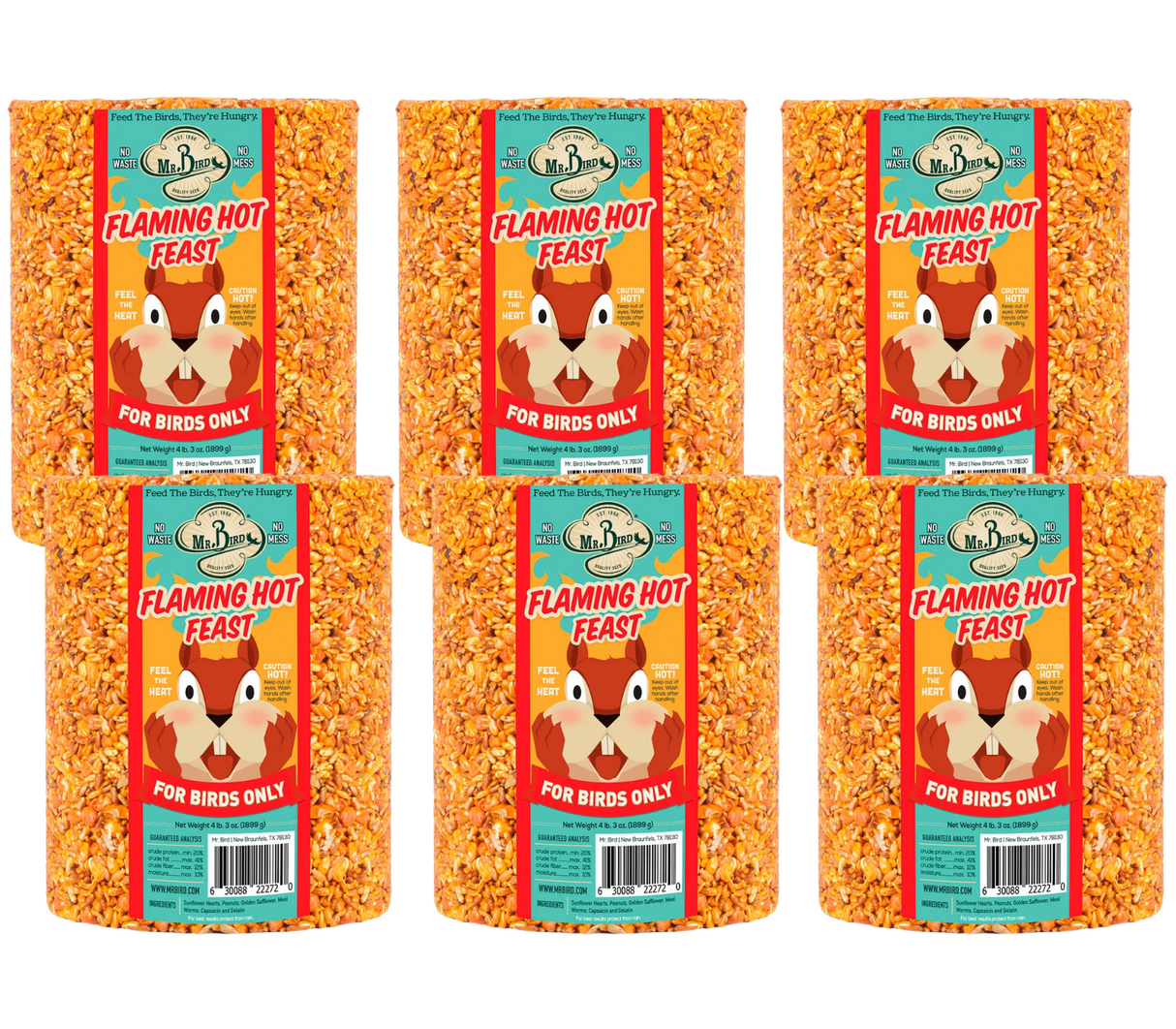 Mr Bird's six Flaming Hot Feast birdseed cylinders featuring a cartoon squirrel, bright orange seeds, and a cautionary "Caution Hot" label New Braunfels Texas