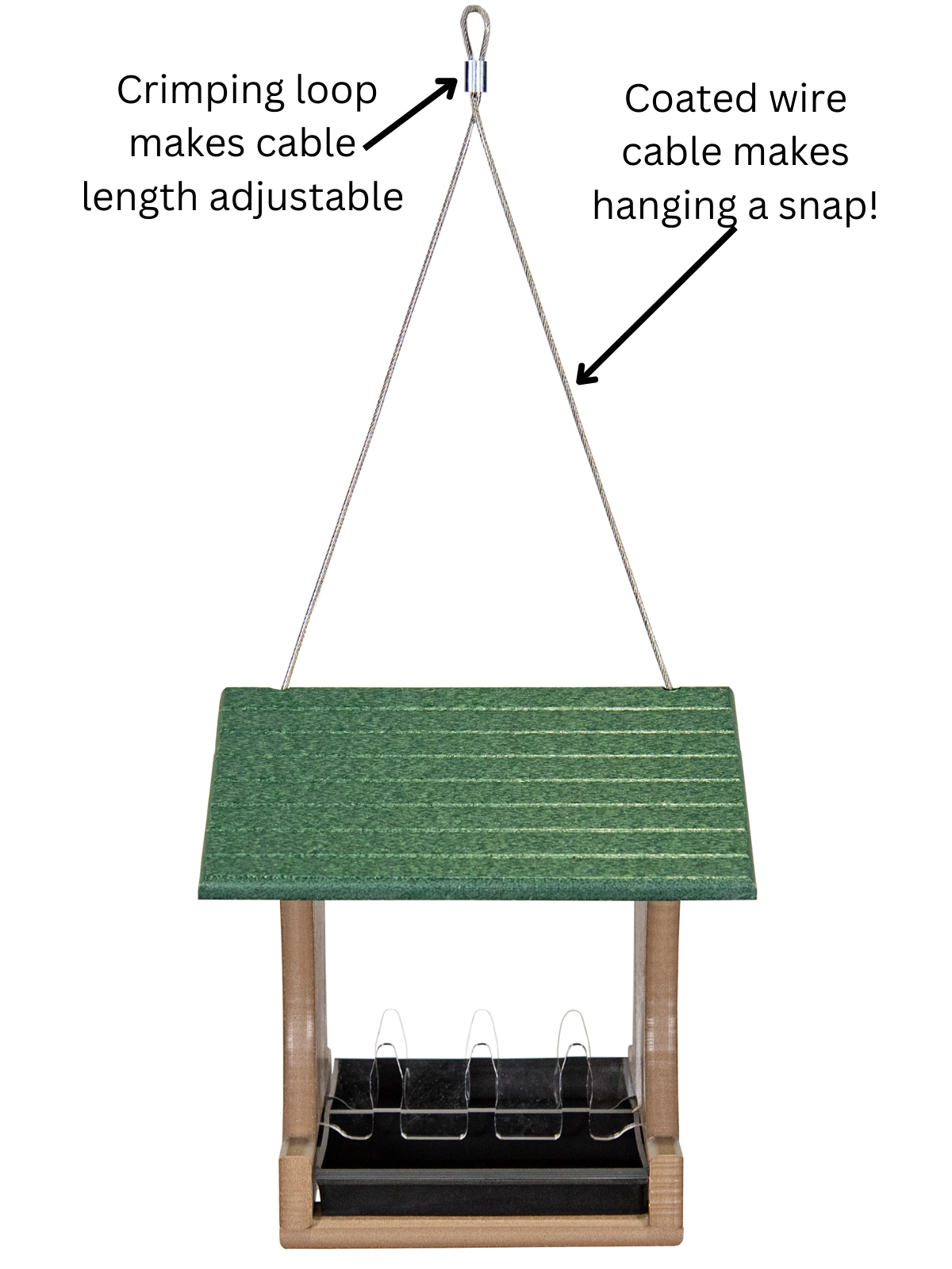 JCS Wildlife Small Hopper Bird Feeder with adjustable crimping loop and coated wire cable for easy hanging.