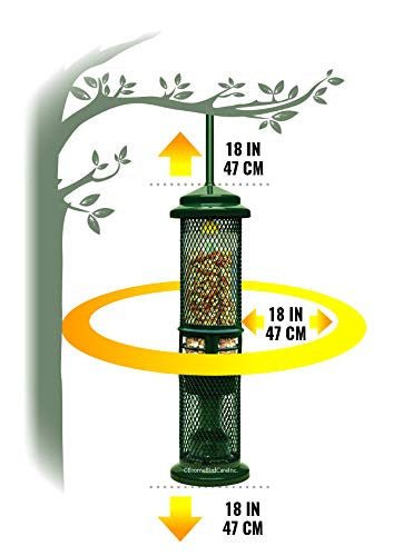 Brome Squirrel Buster Nut Feeder 1053 hanging on tree, showing dimensions of 18 inches/47 cm height and width, squirrel-proof mesh design