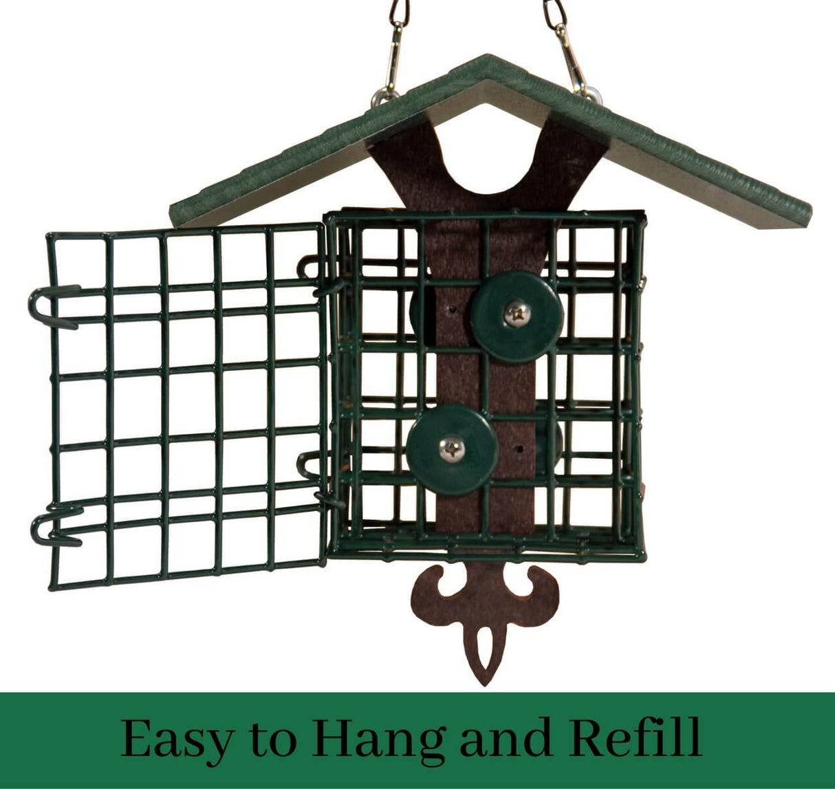 JCS Wildlife Fleur de Lis Suet Feeder with eco-friendly roof, easy to hang and refill, perfect for attracting birds.