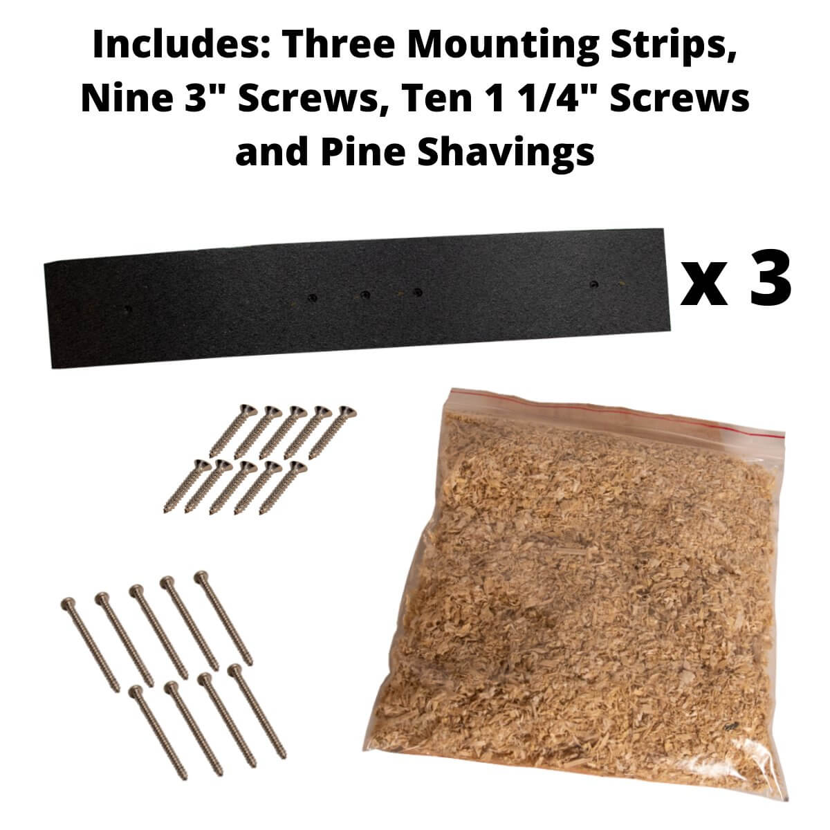 Assembly kit components for JCS Wildlife Large Barn Owl Box: mounting strips, screws, and pine shavings.