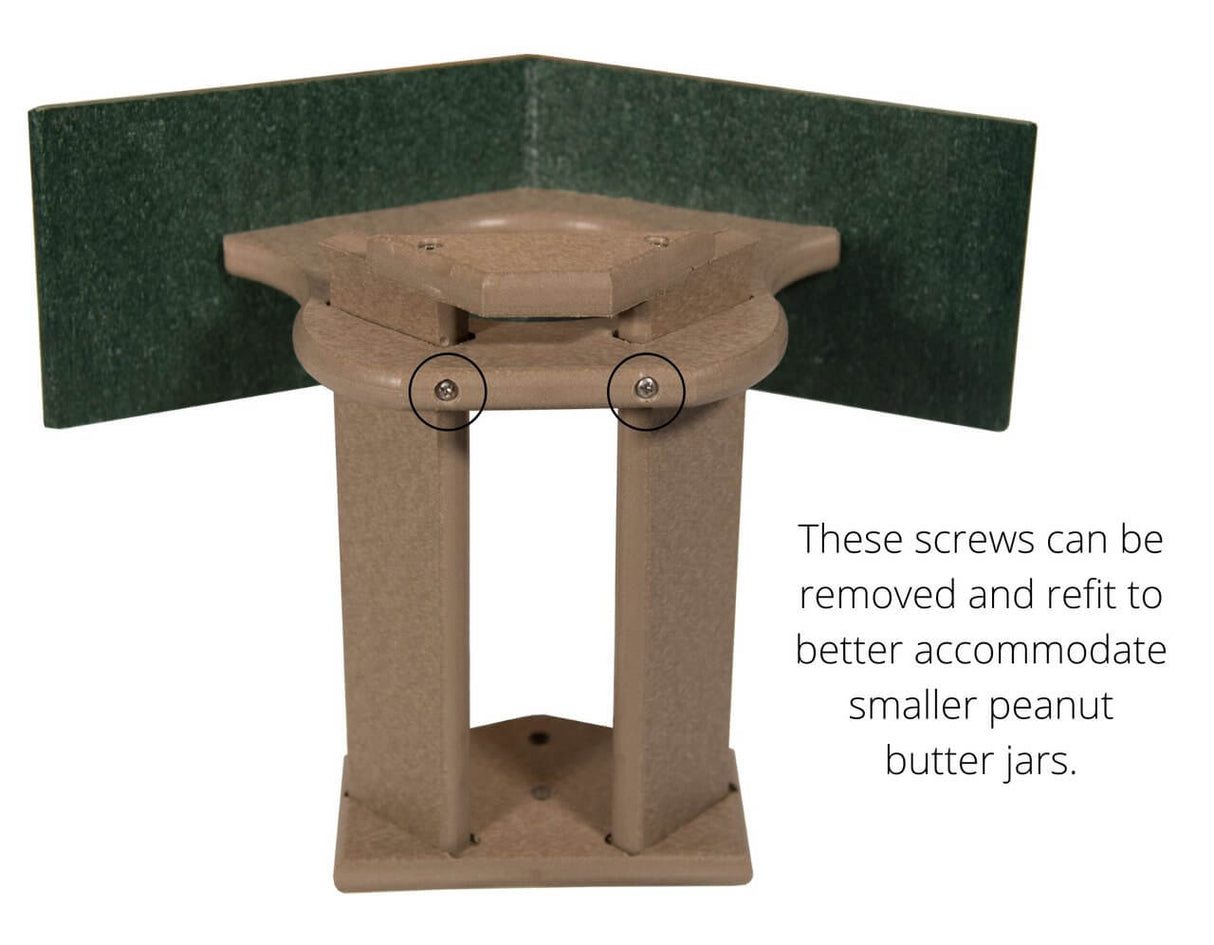 JCS Wildlife PB Pit Stop Peanut Butter Feeder with adjustable screws for smaller jars, made of eco-friendly materials.