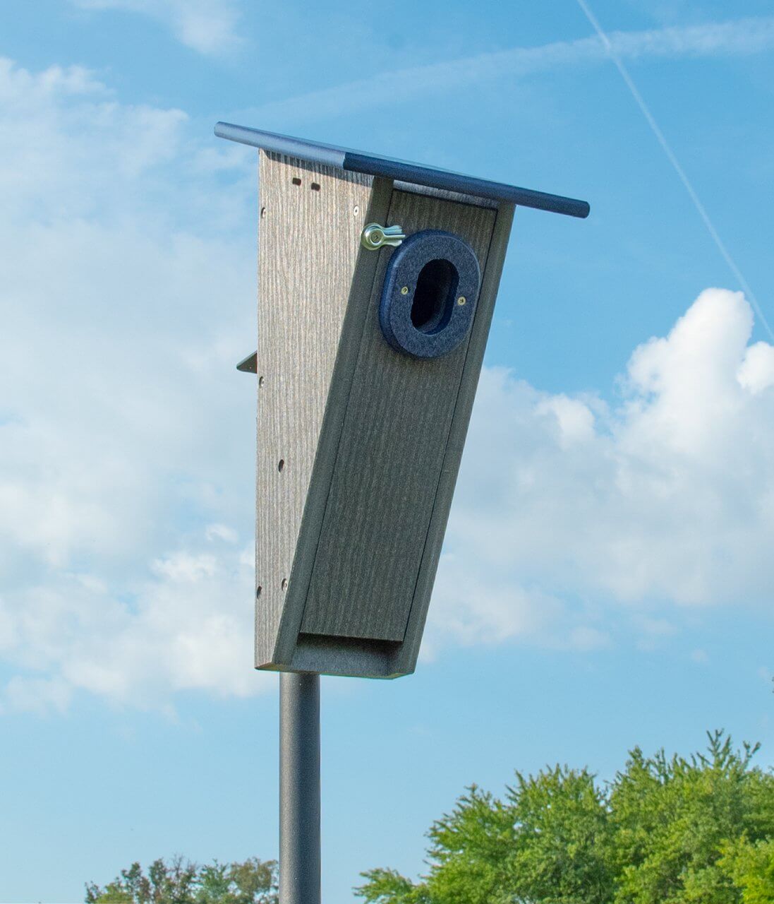 Peterson Bluebird House in gray and blue, made from recycled poly lumber, designed for nesting birds.
