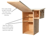 JCS Wildlife Plywood Squirrel House Nesting Box with an easily swing-up door and multi-tier platforms for squirrel safety.