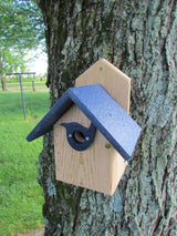 Wooden birdhouse with blue roof and bird-shaped entrance attached to a moss-covered tree in a backyard setting with visible green grass and distant trees