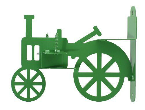 Metal wall-mounted green tractor shelf with visible screws and spokes detailed wheels a spring and a farmhouse aesthetic
