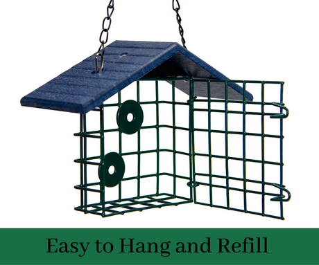 JCS Wildlife Suet Cage with Poly Lumber Roof, easy to hang and refill, perfect for protecting suet from the elements.