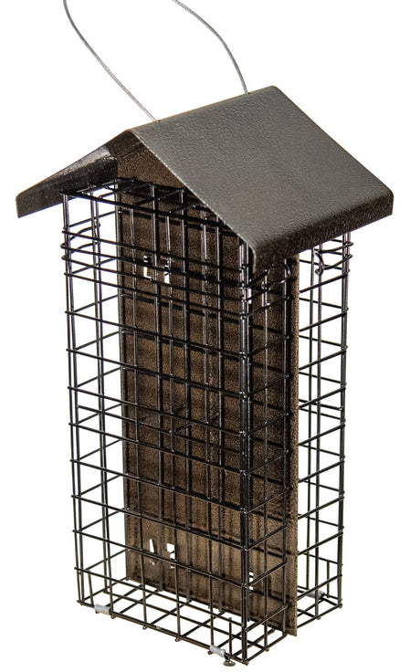 JCS Wildlife Metal House Four Cake Suet Cage in bronze, designed for attracting birds to your yard.