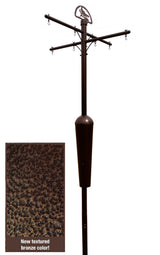 Product shot showing a bronze-colored metal multi-feeder bird station with a cardinal silhouette, featuring a textured finish, multiple hanging hooks and a decorative finial.
