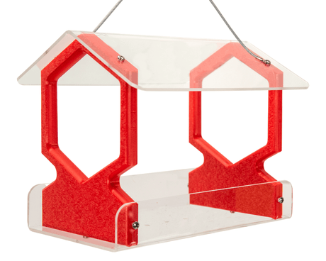 Acrylic and plastic bird feeder with red hexagonal accents hanging against a white background featuring a clear acrylic roof and a tray for seeds