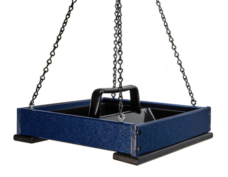 JCS Wildlife Medium Poly Lumber Hanging Platform Feeder in blue color with removable tray for birds.