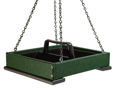 JCS Wildlife Medium Poly Lumber Hanging Platform Feeder with removable tray in green color.
