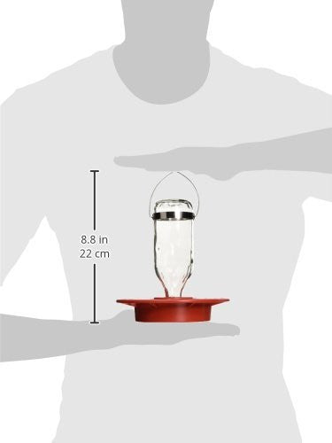 Product shot showing a red and clear glass hummingbird feeder with a silver hanging loop and a  wide base against a neutral background
