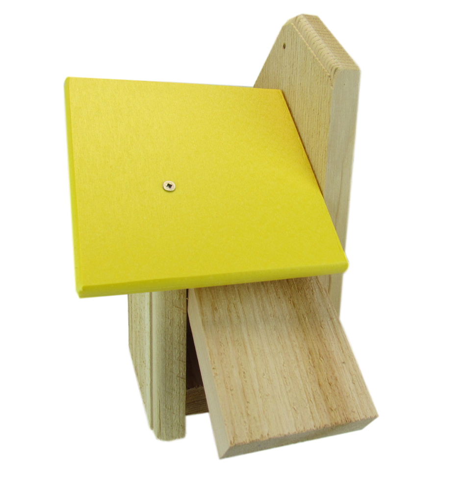 Wooden birdhouse with bright yellow roof  small opening and light wood grain showing a simple design
