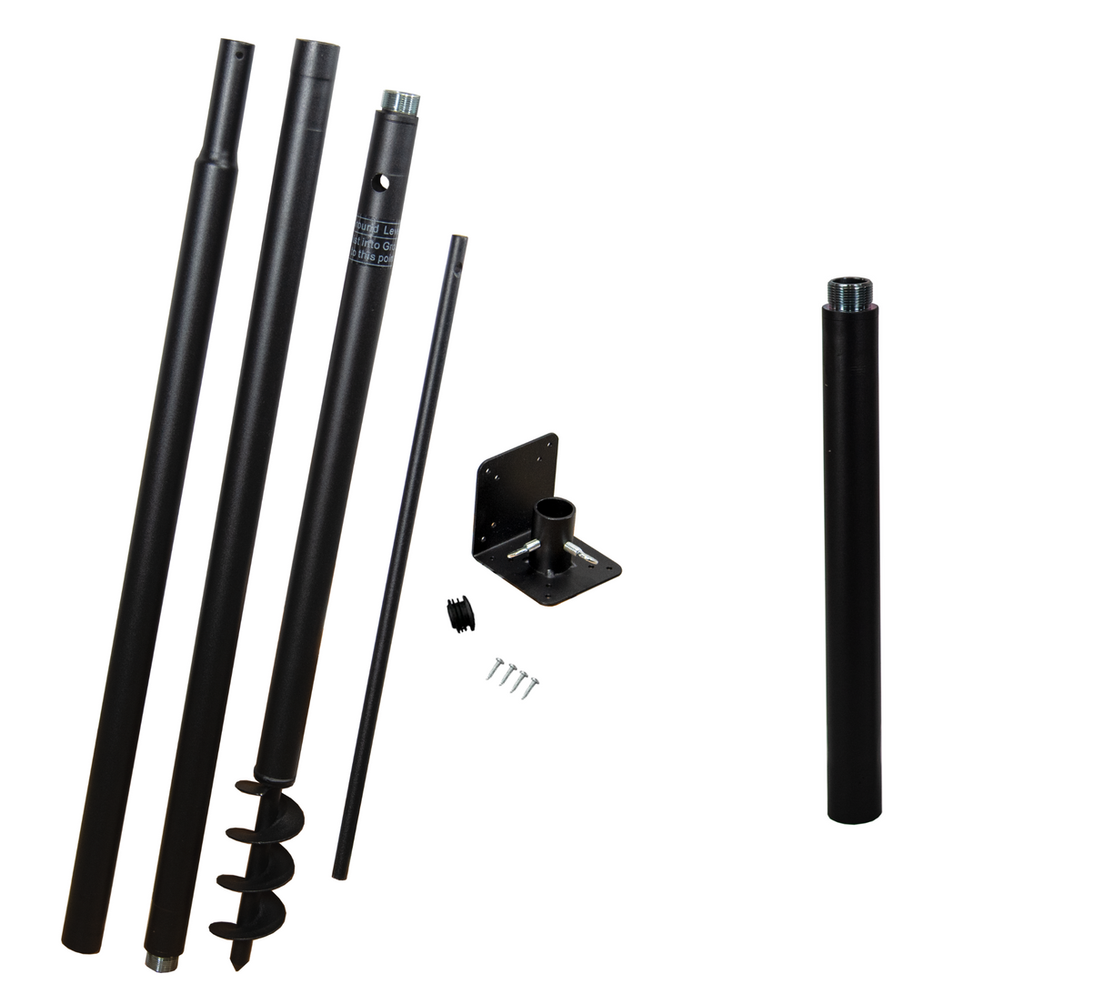 Product shot showing a disassembled black metal flagpole kit with a ground spike, various sized poles, mounting bracket, and screws