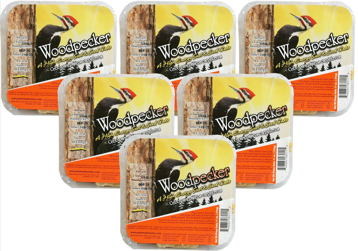 Pine Tree Farms Woodpecker High Energy Suet 11oz, 6-pack bird feed, perfect for attracting woodpeckers and various birds.