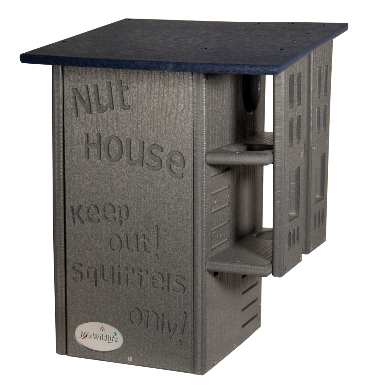 JCs Wildlife recycled plastic Nut House squirrel feeder with dark gray body, navy blue roof, and embossed text detailing
