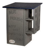 JCs Wildlife recycled plastic Nut House squirrel feeder with dark gray body, navy blue roof, and embossed text detailing
