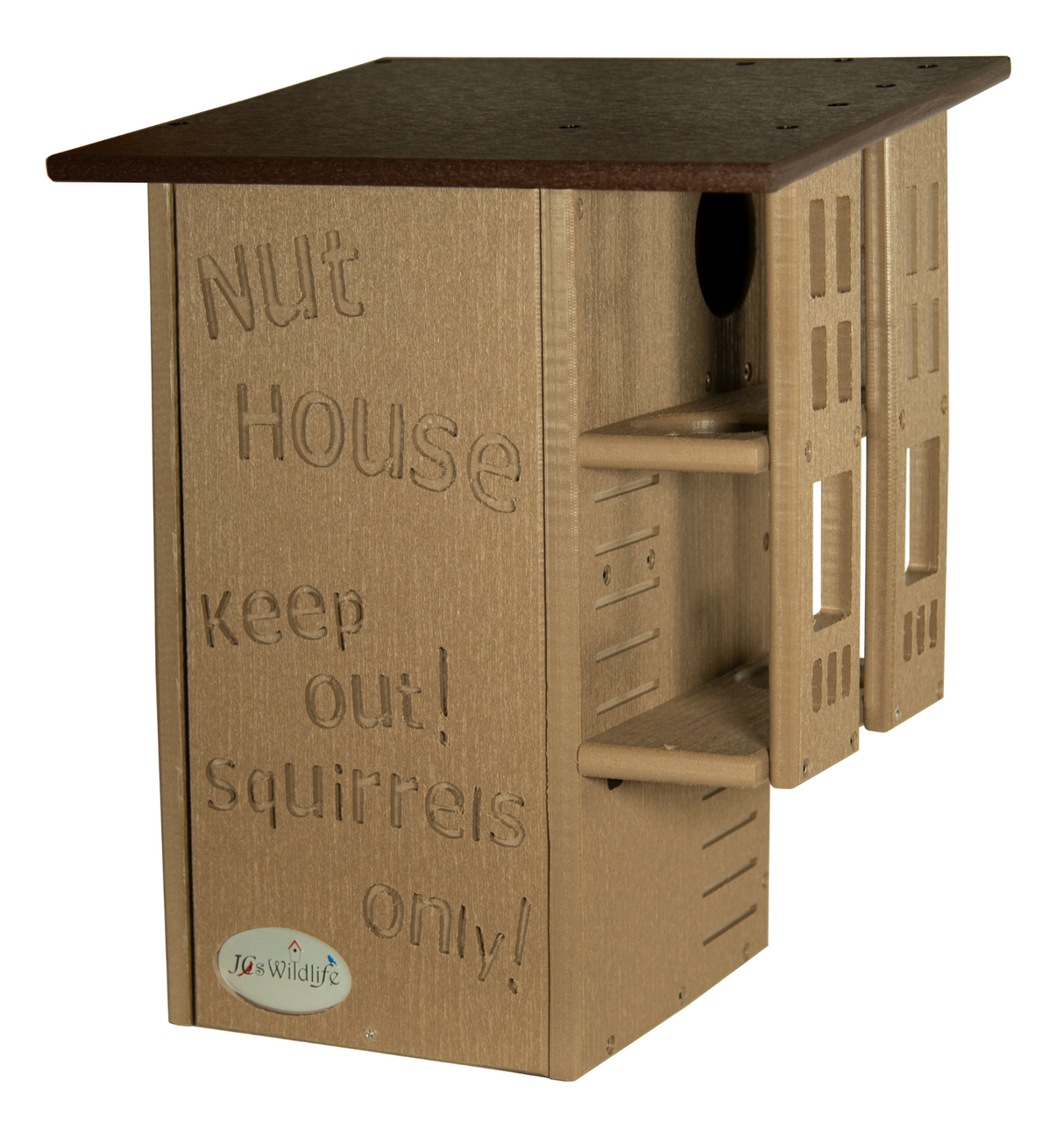 JG's Wildlife recycled plastic nut house with a dark brown roof, engraved text, and multiple entry and landing platforms for squirrels only
