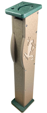 Recycled plastic post featuring a carved frog design, green top with moon and stars, and taupe body with visible screws