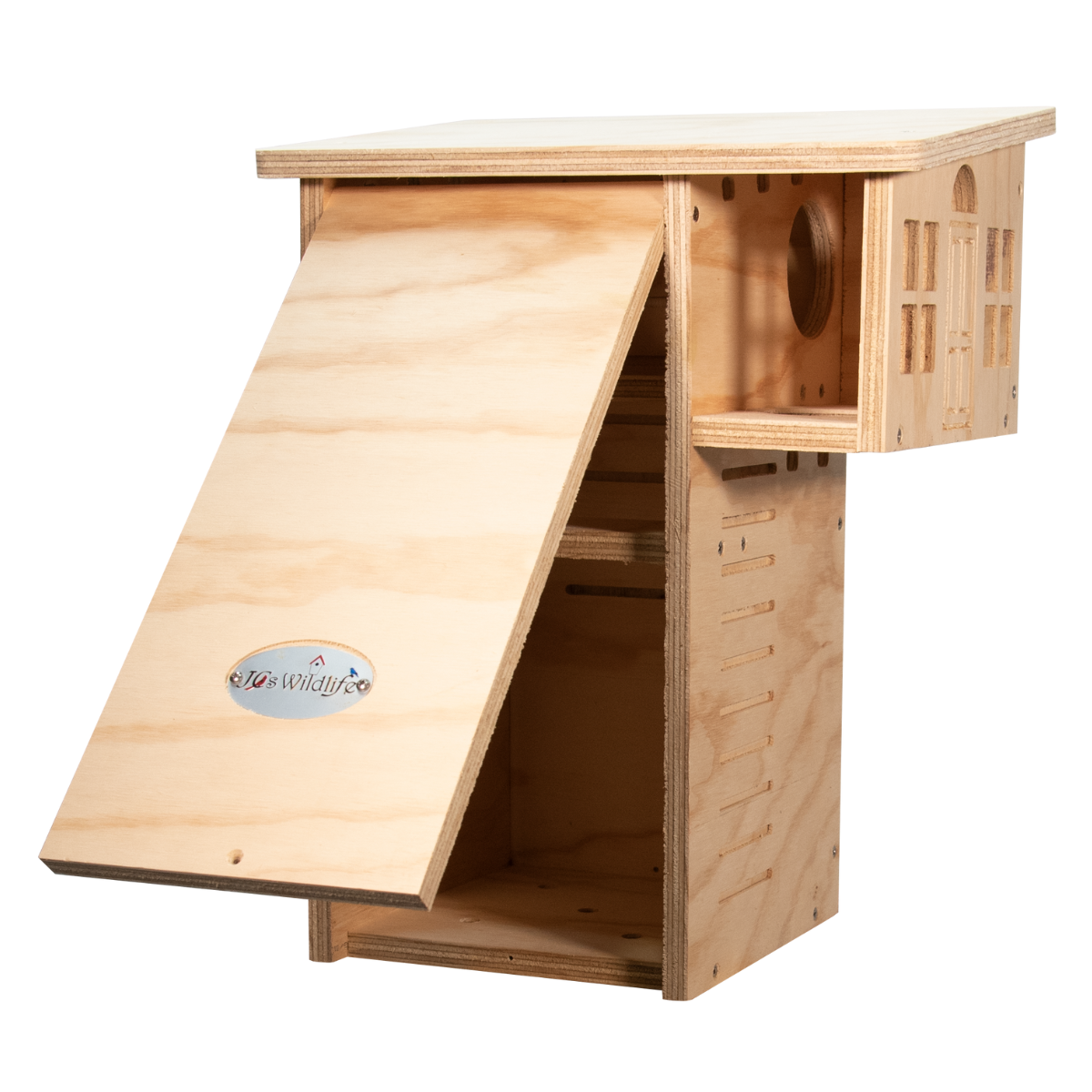 JCS Wildlife Plywood Squirrel House Nesting Box with a hinged door and ventilation holes, made from durable plywood.