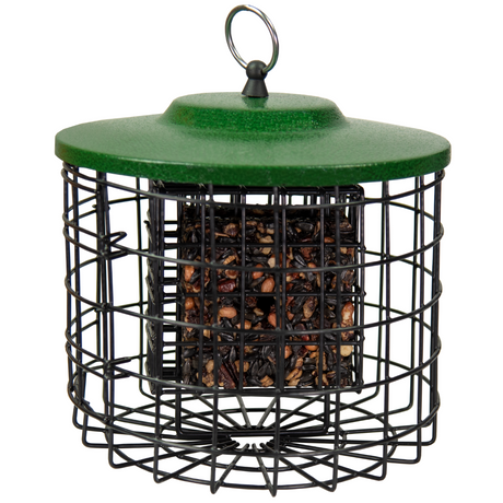 Squirrel Stopper Round Squirrel Proof Suet Feeder with easy-open door, perfect for small songbirds.