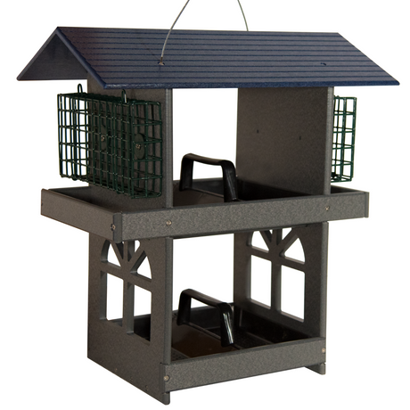 JCS Wildlife Double Fly Thru Bird Feeder with Suet Cages, featuring removable seed trays and dual suet compartments.
