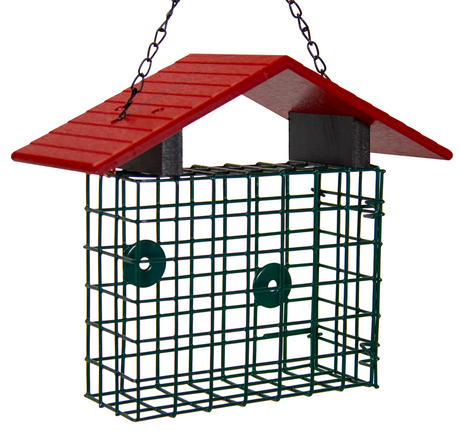JCS Wildlife XL Suet Cage with Recycled Poly Lumber Roof, ideal for keeping suet dry and clean for birds.