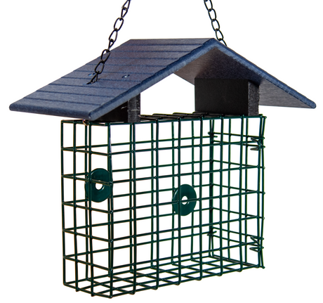 JCS Wildlife XL Suet Cage with Recycled Poly Lumber Roof, ideal for protecting suet for birds.