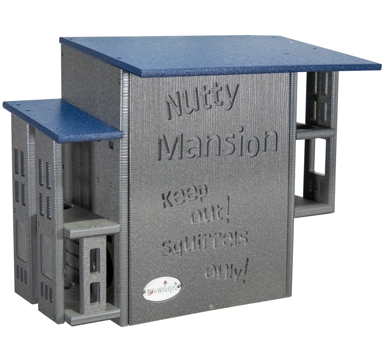 JJs Wildlife Nutty Mansion squirrel feeder features gray and blue plastic construction with the words Keep Out Squirrels Only embossed on the side and multiple entry points for squirrels
