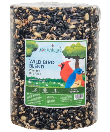 JCs Wildlife Wild Bird Blend premium bird seed in a cylinder package featuring a cardinal and bluebird against a tree with black oil sunflower seeds, shelled peanuts and safflower seeds
