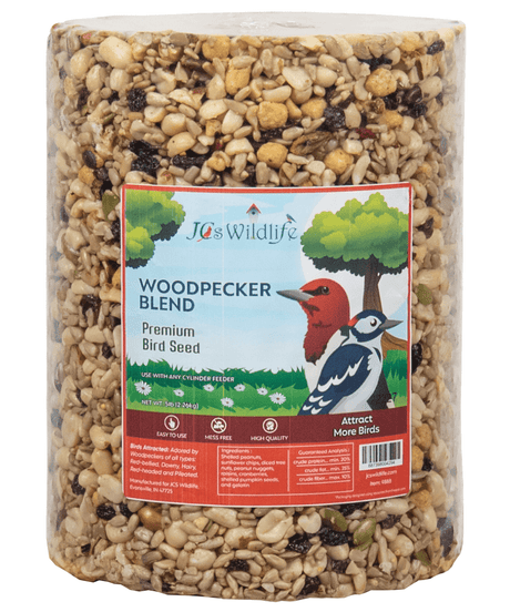 JCS Wildlife Woodpecker Blend Bird Seed Cylinder, 5 lb, premium seed blend for attracting woodpeckers.